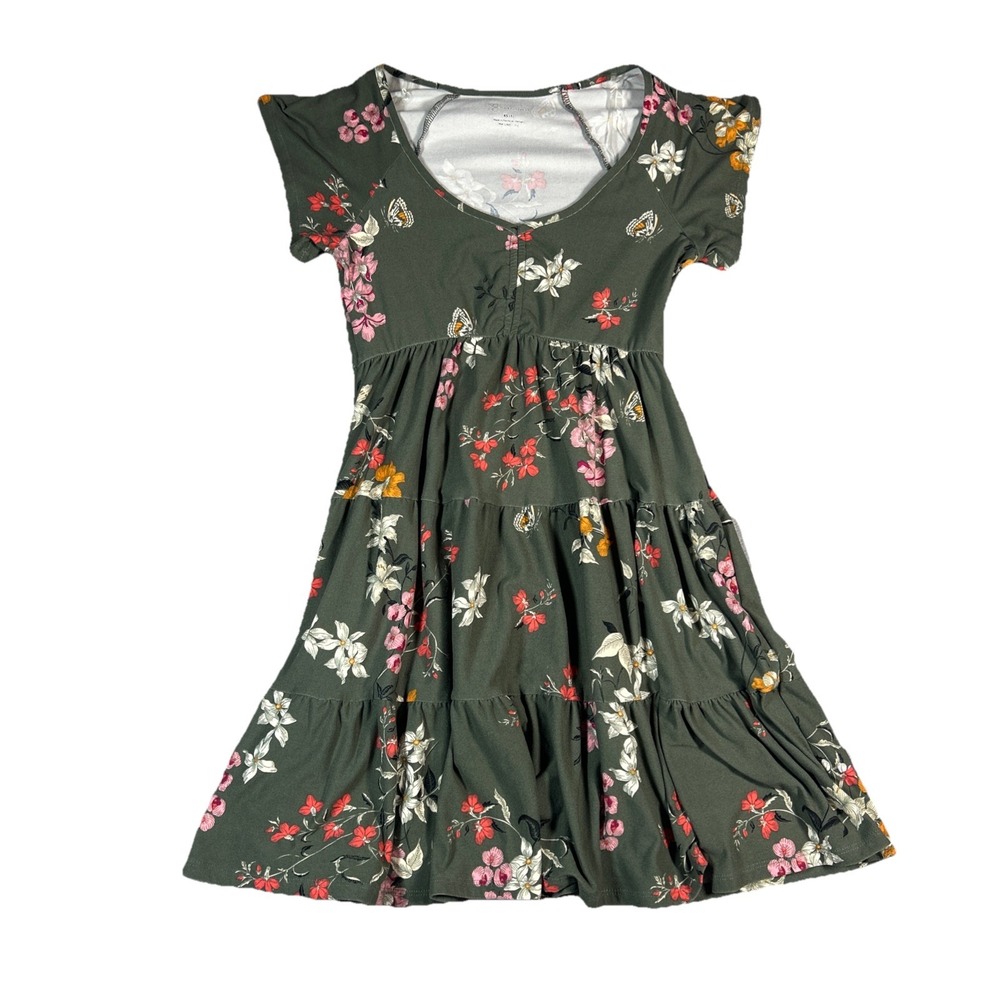 No Boundaries Mini Tiered Dress XS Green Floral Short Sleeve V-Neck Fit & Flare
